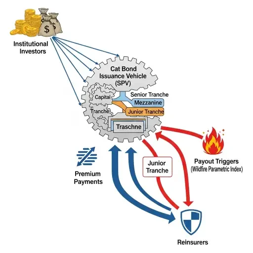Financial flow diagram showing capital movement from institutional investors through cat bond structures to reinsurers, with color-coded pathways indicating risk transfer mechanisms and payout triggers based on wildfire parametric indices