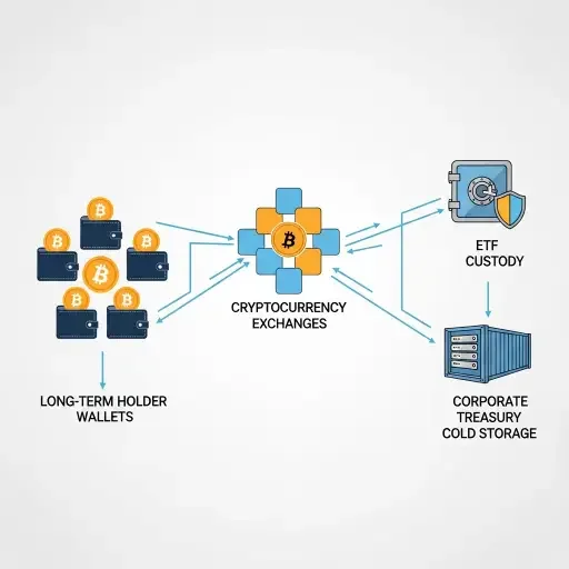 Flow diagram showing Bitcoin moving from long-term holder wallets through exchanges into ETF custody and corporate treasury cold storage, with arrows indicating one-way accumulation pattern