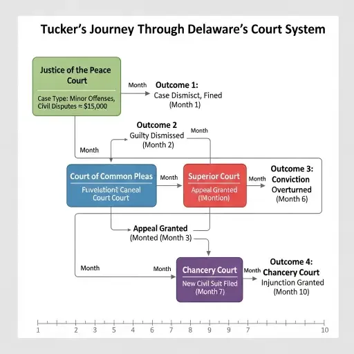 Flowchart showing Tucker's journey through Delaware's court system—Justice of the Peace to Court of Common Pleas to Superior Court to Chancery Court—with case outcomes and timeline annotations at each level