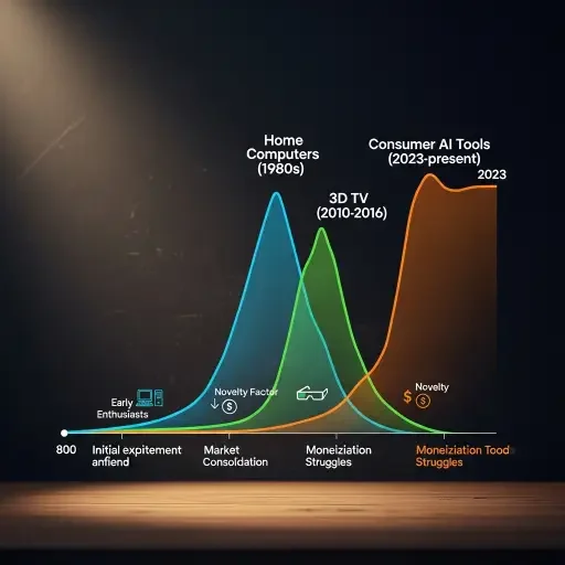 Historical timeline showing technology adoption curves: home computers (1980s), 3D TV (2010-2016), and consumer AI tools (2023-present), highlighting similar pattern of initial excitement followed by monetization struggles