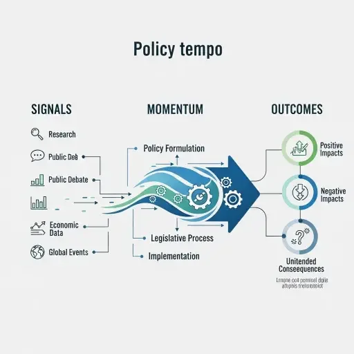Infographic-like composition illustrating policy tempo: signals, momentum, and outcomes