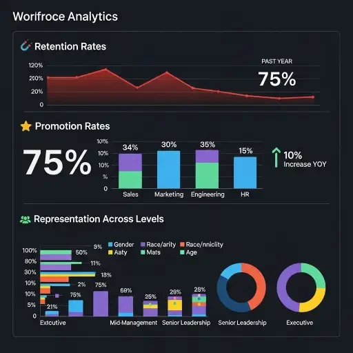 Infographic showing a metrics dashboard: retention rates, promotion rates, representation across levels