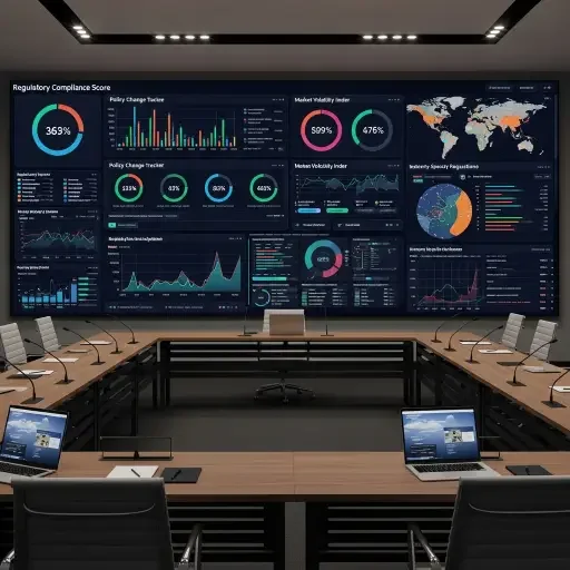 Investor briefing room with dashboards tracking regulatory impact metrics