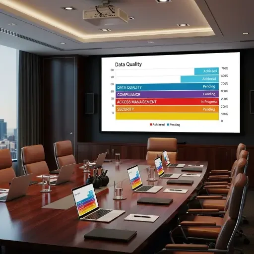 Investor briefing room with stacked charts showing data governance metrics