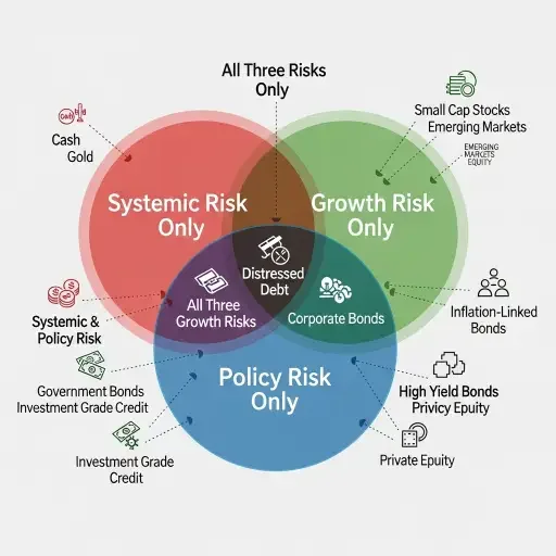 Layered infographic showing three overlapping circles labeled 'Systemic Risk,' 'Growth Risk,' and 'Policy Risk' with asset class positioning in each zone