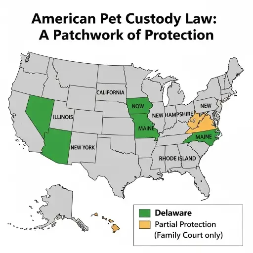 Map of the United States showing the seven states with pet wellbeing statutes (Alaska, California, Illinois, New York, Maine, New Hampshire, Rhode Island) highlighted, with Delaware marked distinctly as having partial protection (Family Court only) to illustrate the patchwork nature of American pet custody law