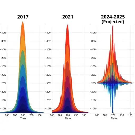 Side-by-side comparison of 2017 and 2021 HODL wave charts showing single dramatic blow-off tops versus 2024-2025 chart showing multiple controlled distribution waves with market absorption