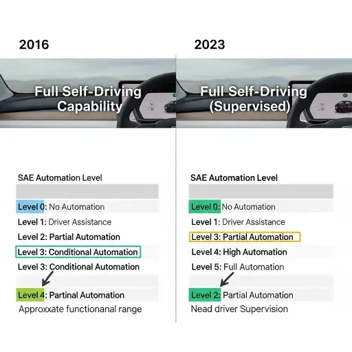 Split comparison showing Tesla's marketing language evolution from 2016 