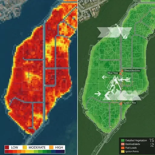 Split-screen visualization showing 1990s-era low-resolution fire risk heat map versus 2025 high-resolution parcel-level geospatial risk model with visible data layers for vegetation, wind patterns, and historical ignition points