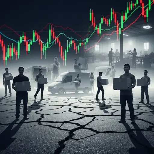 Stock market candlestick chart trending upward in background, overlaid with faded images of delivery workers, cracked pavement, aging delivery vans, and warehouse workers—showing the contrast between market performance and infrastructure decay