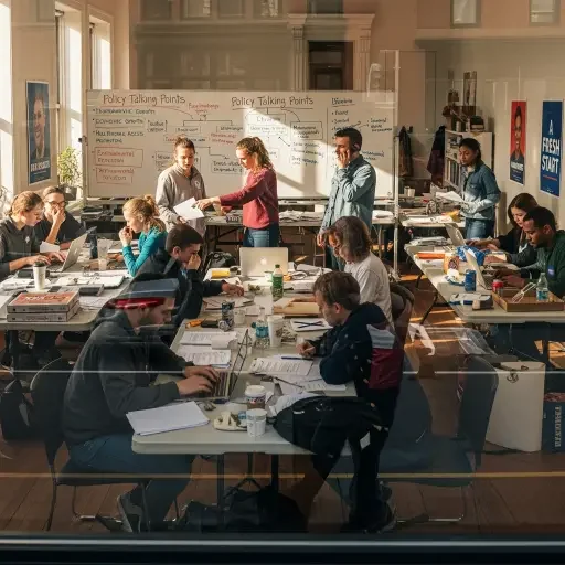 Street-level view of a campaign office with volunteers tracking policy talking points