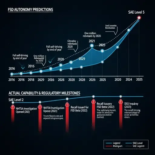 Timeline visualization showing major FSD autonomy predictions from 2016-2025 aligned with actual capability levels (remaining at SAE Level 2) and regulatory milestones including investigations and recalls
