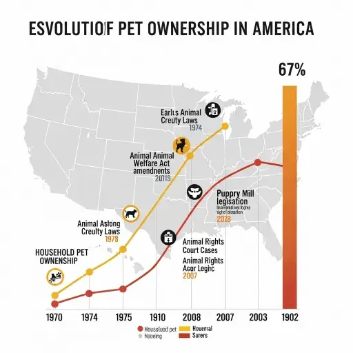 Timeline visualization showing the evolution of pet ownership statistics in America (from 30% household ownership in 1970s to 67% currently) overlaid with major legal developments in animal law, showing the lag between social change and legal adaptation