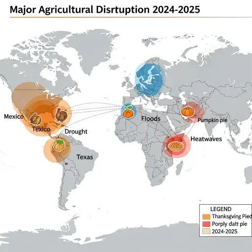 World map highlighting major agricultural disruption events in 2024-2025 (droughts in Mexico/Texas, floods in Italy/Canada, heatwaves in India) with connecting lines showing supply chain impacts on specific Thanksgiving food items