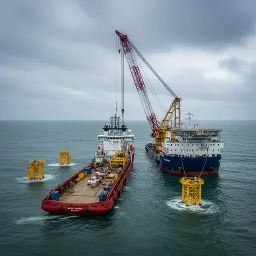 A supply vessel and a crane preparing foundations at sea, offshore wind construction paused under gray skies