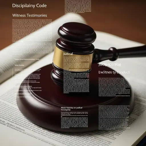 Judge's gavel overlaid with a courtroom transcript, suggesting internal view of judicial disciplinary process