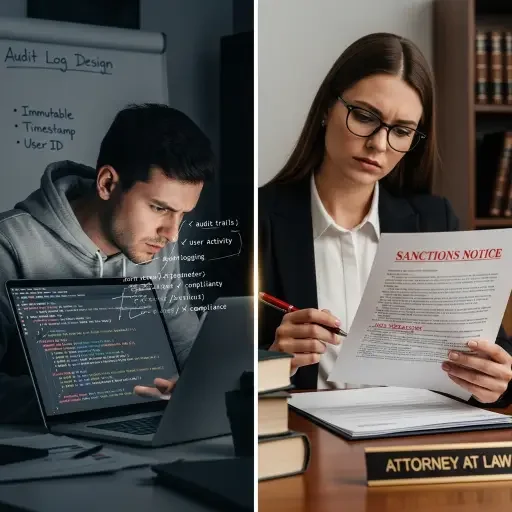Split-screen: software engineer designing audit logs and an attorney reviewing a sanctions notice, implying product and practice consequences