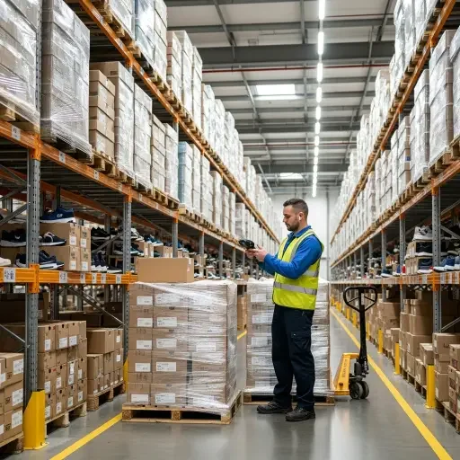 Distribution center interior with pallets of boxed sneakers and a worker scanning inventory with a handheld device