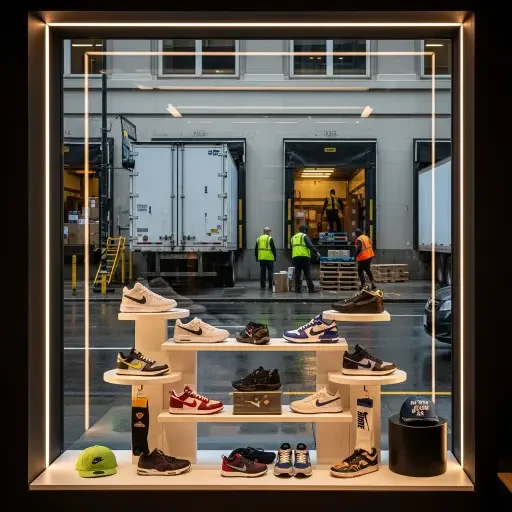 Nike display of new-season sneakers in a downtown boutique window, foreground; a loading dock and inbound truck are visible through glass in the background
