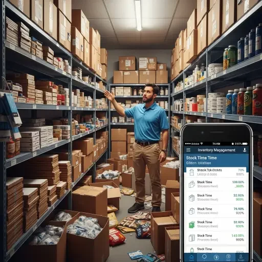Retail backroom with overstocked boxes and a phone displaying real-time inventory levels; a manager gestures toward a shelf
