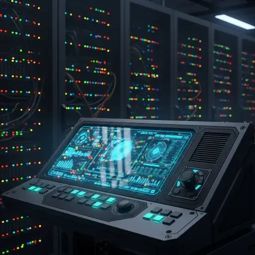 A close-up of a server room’s blinking lights juxtaposed with a military-grade AI console