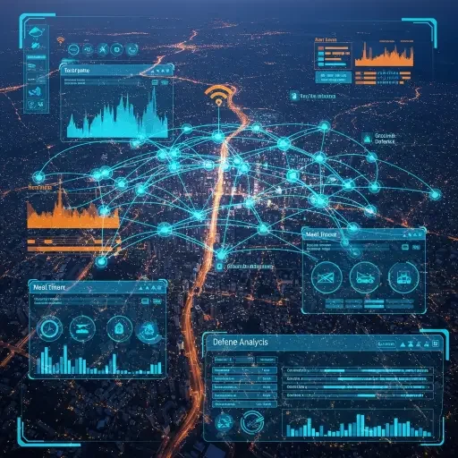 Aerial data visualization across a city’s telecom nodes, with defense analytics overlays