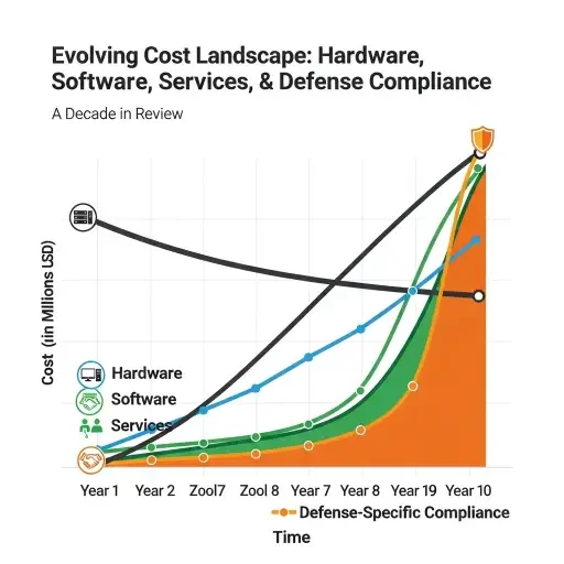 Infographic showing a cost curve: hardware, software, services, and defense-specific compliance