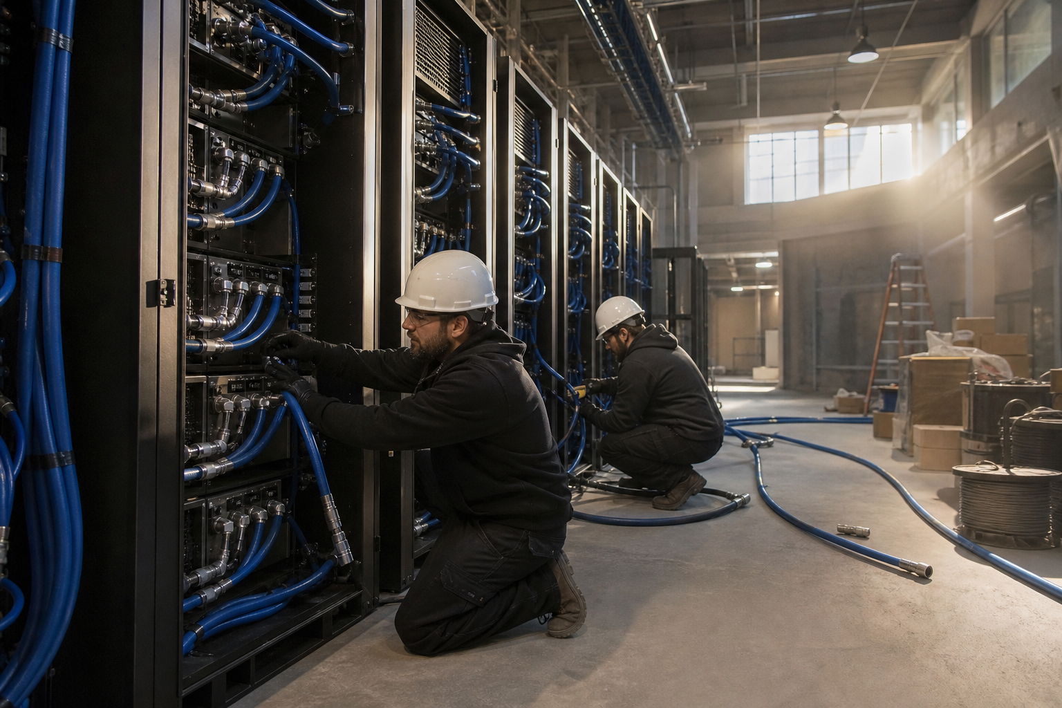 Technicians routing thick liquid-cooling manifolds between newly installed GPU server cabinets in a half-lit data hall