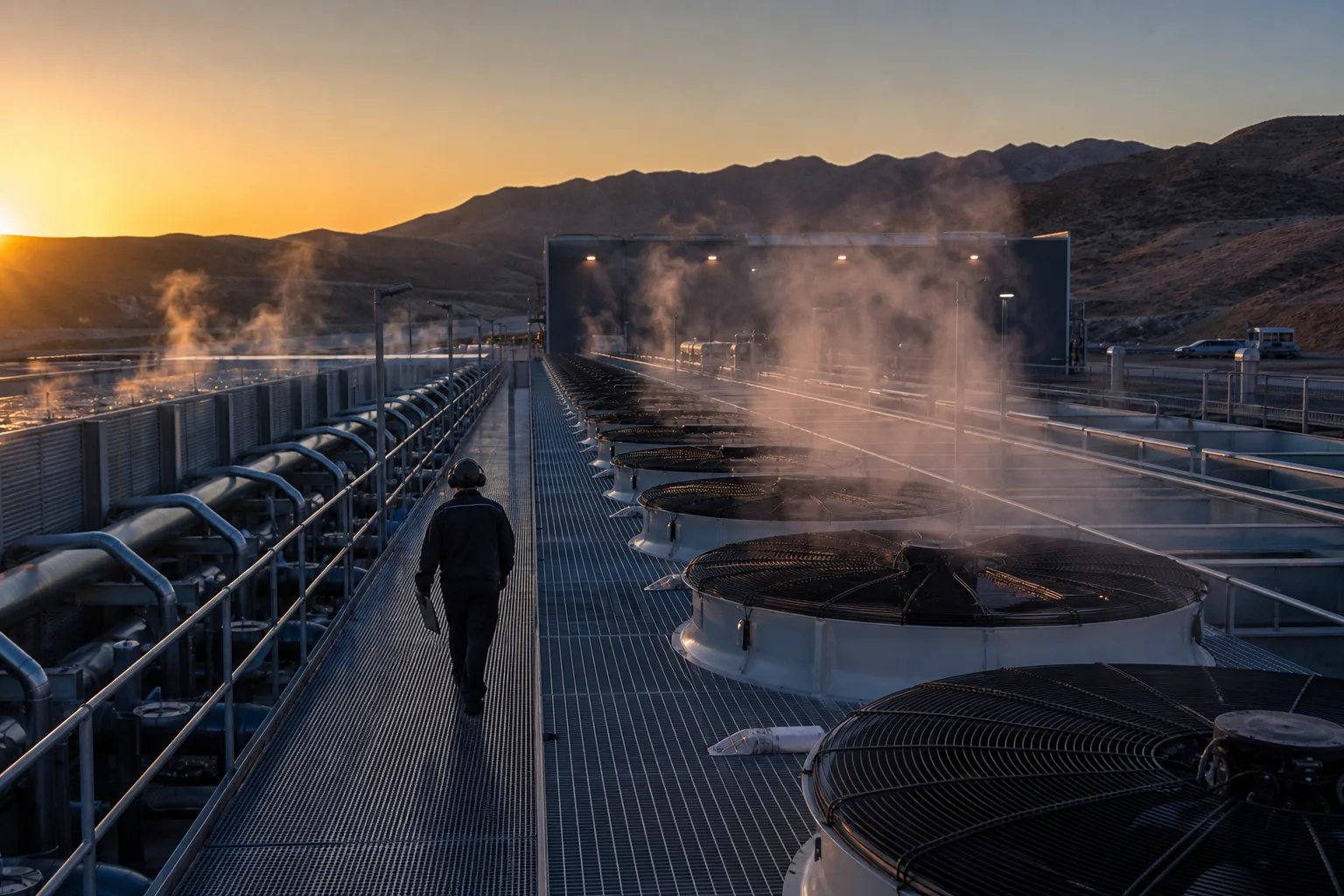 Hyperscale cooling yard at dusk: condenser fans under load, heat shimmer, one technician on a grated catwalk