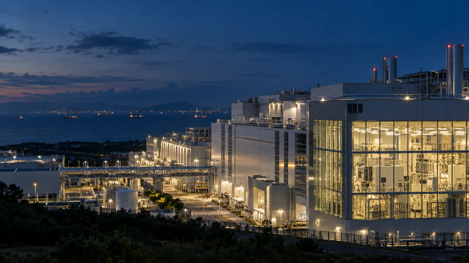 An illuminated semiconductor fabrication campus beside the Taiwan Strait at blue hour