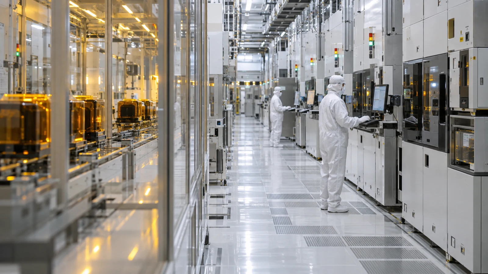 Technicians working alongside precision wafer-processing tools in a semiconductor cleanroom