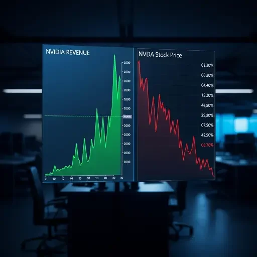 A dimly lit trading floor screen showing Nvidia's soaring revenue chart beside a declining stock ticker, capturing the paradox of record results and investor retreat