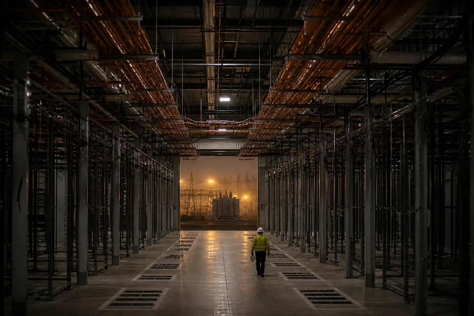 Empty data-center aisle at dusk: copper busbars installed, rack footprints unoccupied, a substation glowing through the loading door