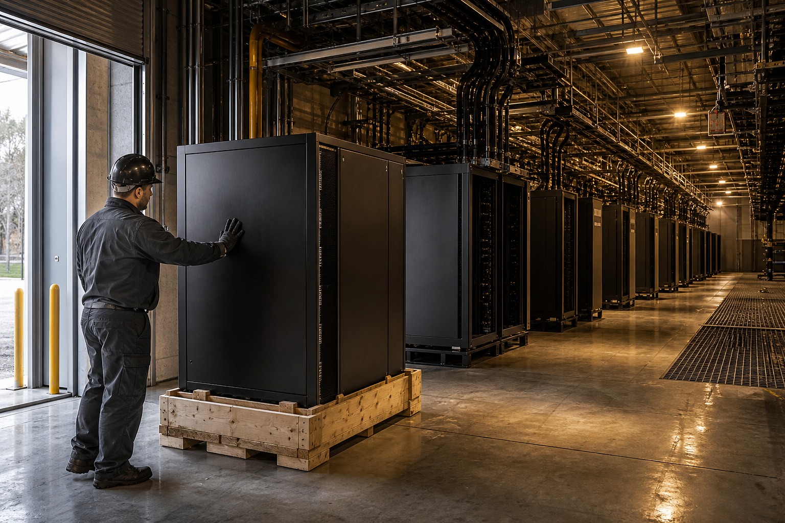 A technician guides a sealed accelerator rack into a data center aisle with prepared bays waiting beyond