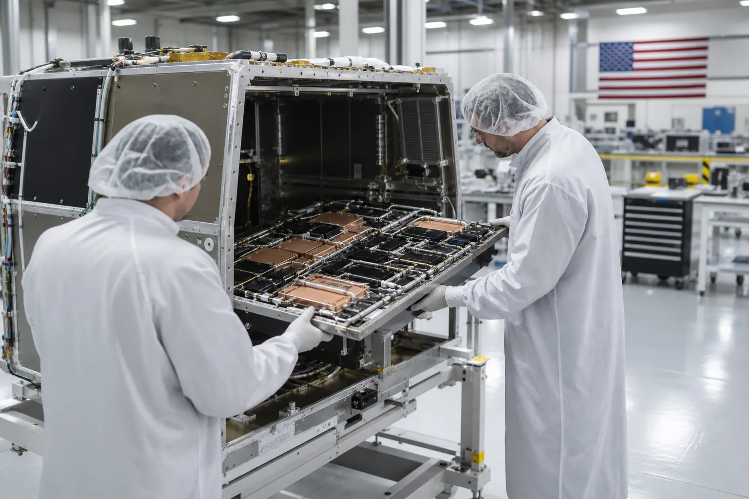 Cleanroom technicians mating a dense liquid-cooled compute payload tray into an open satellite bus chassis under cool LED high-bay light