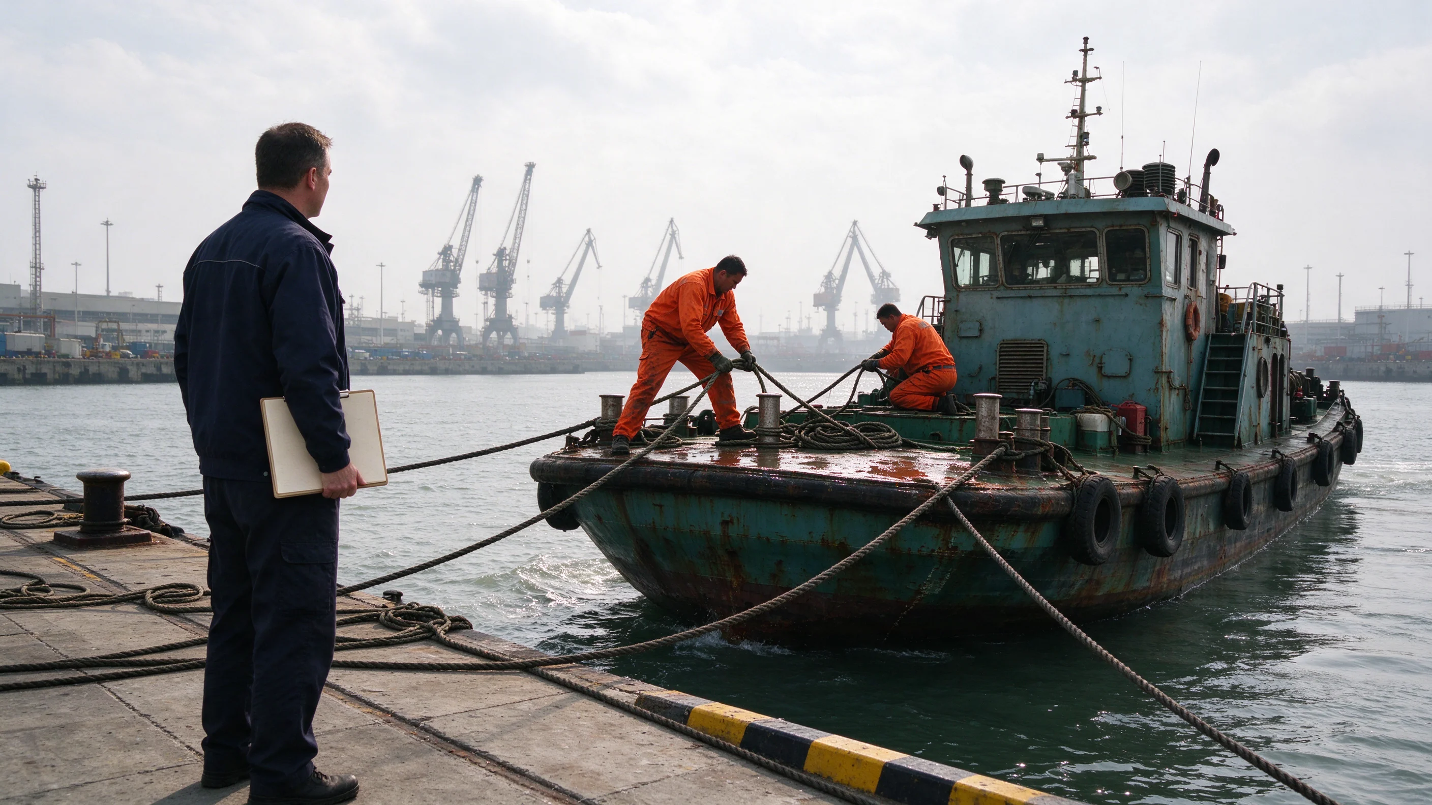 Overcast afternoon at a commercial harbor as crew secure a fuel barge at the quay while a harbor official stands on the pier