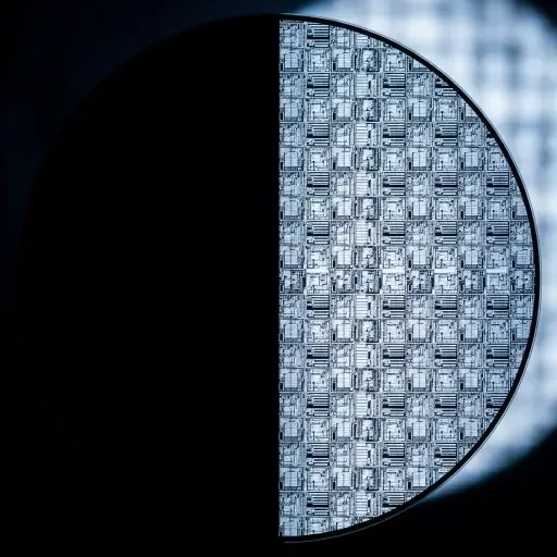 A close-up of a silicon wafer, half shaded to symbolize dual-use risk and strategic inevitability