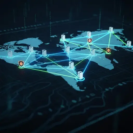 A stylized map showing offshore compute nodes connected by luminous lines, with icons denoting regulatory checkpoints