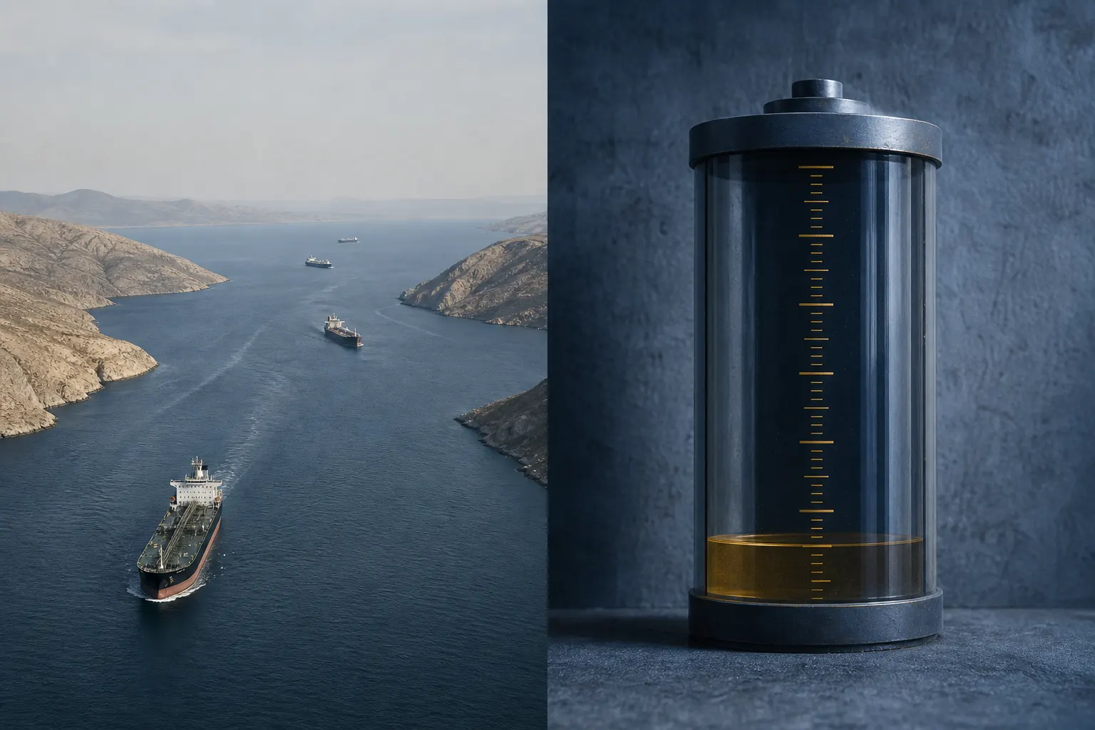 Nearly empty Hormuz shipping lane beside a depleted emergency oil reserve gauge