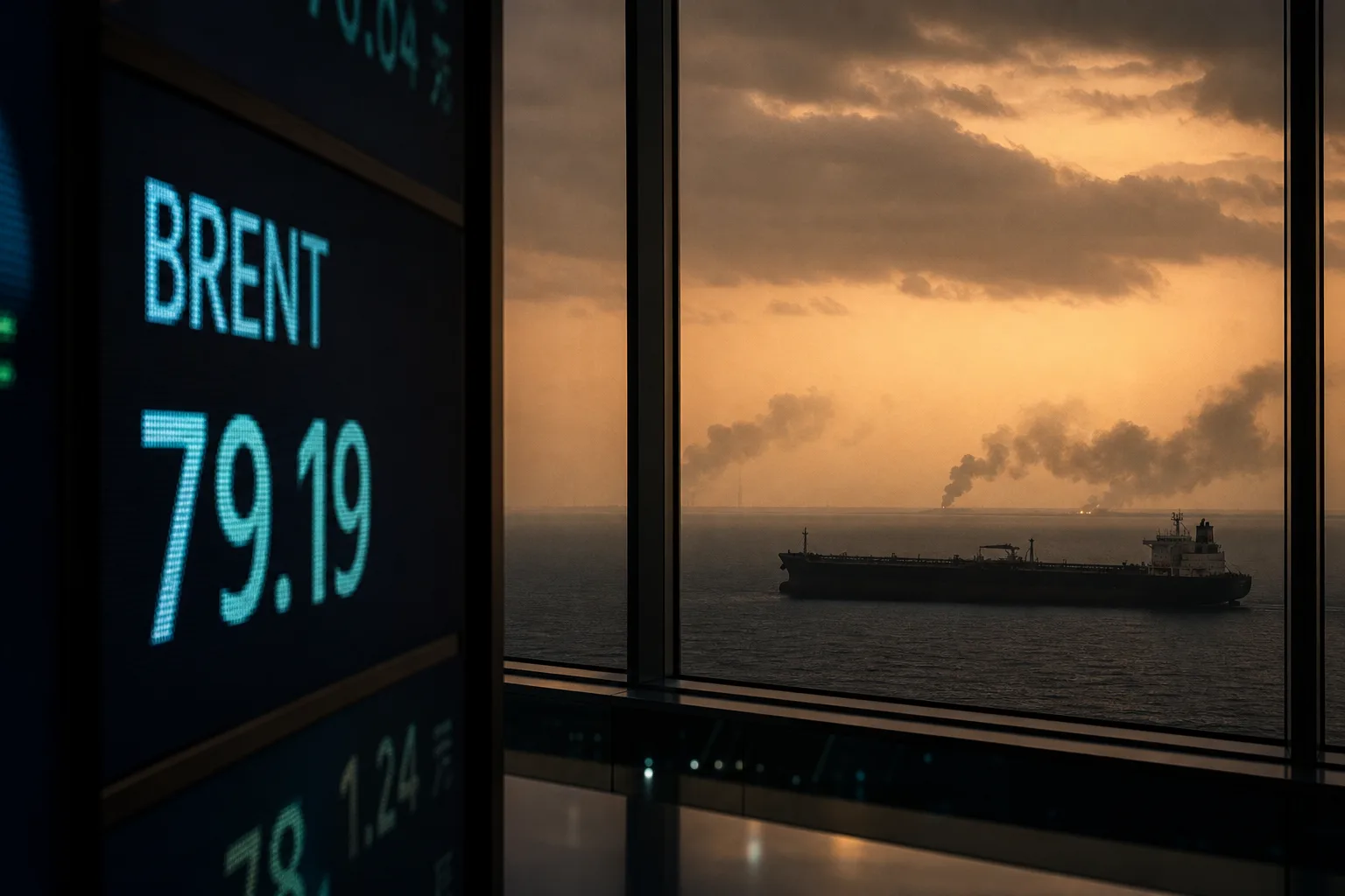 Oil trading ticker showing Brent near $79 with a Hormuz tanker under tense sky