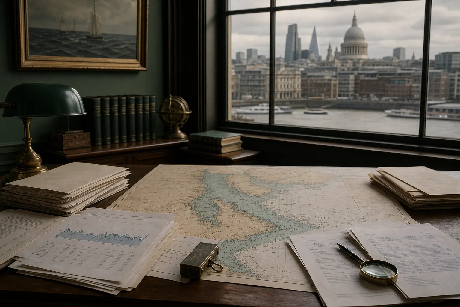 London marine insurance desk with war-risk documents and a Persian Gulf chart