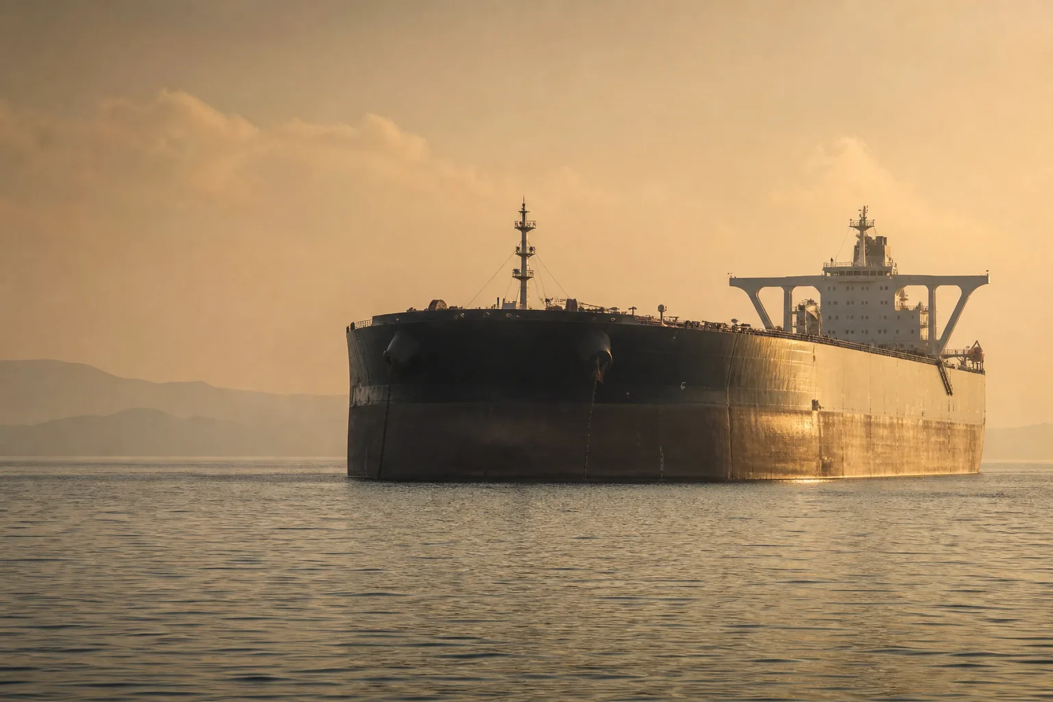 A VLCC tanker held at idle under heat haze off a Gulf approach, waiting lanes empty, late-afternoon light on the hull and water