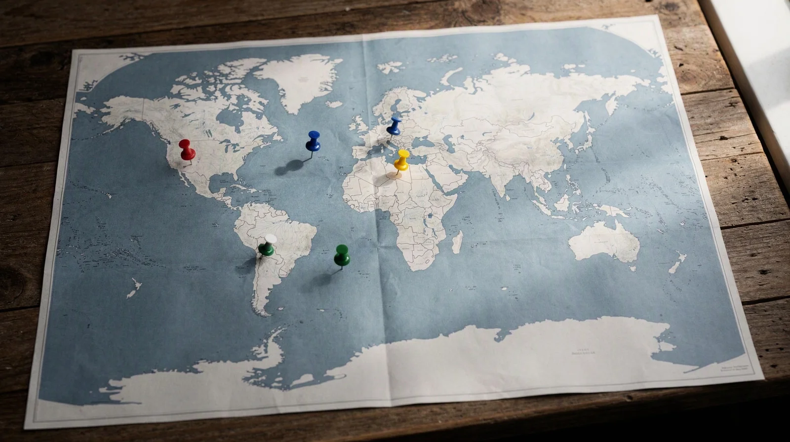 Large paper world map on a wooden table with five colored pins in different regions, overhead view