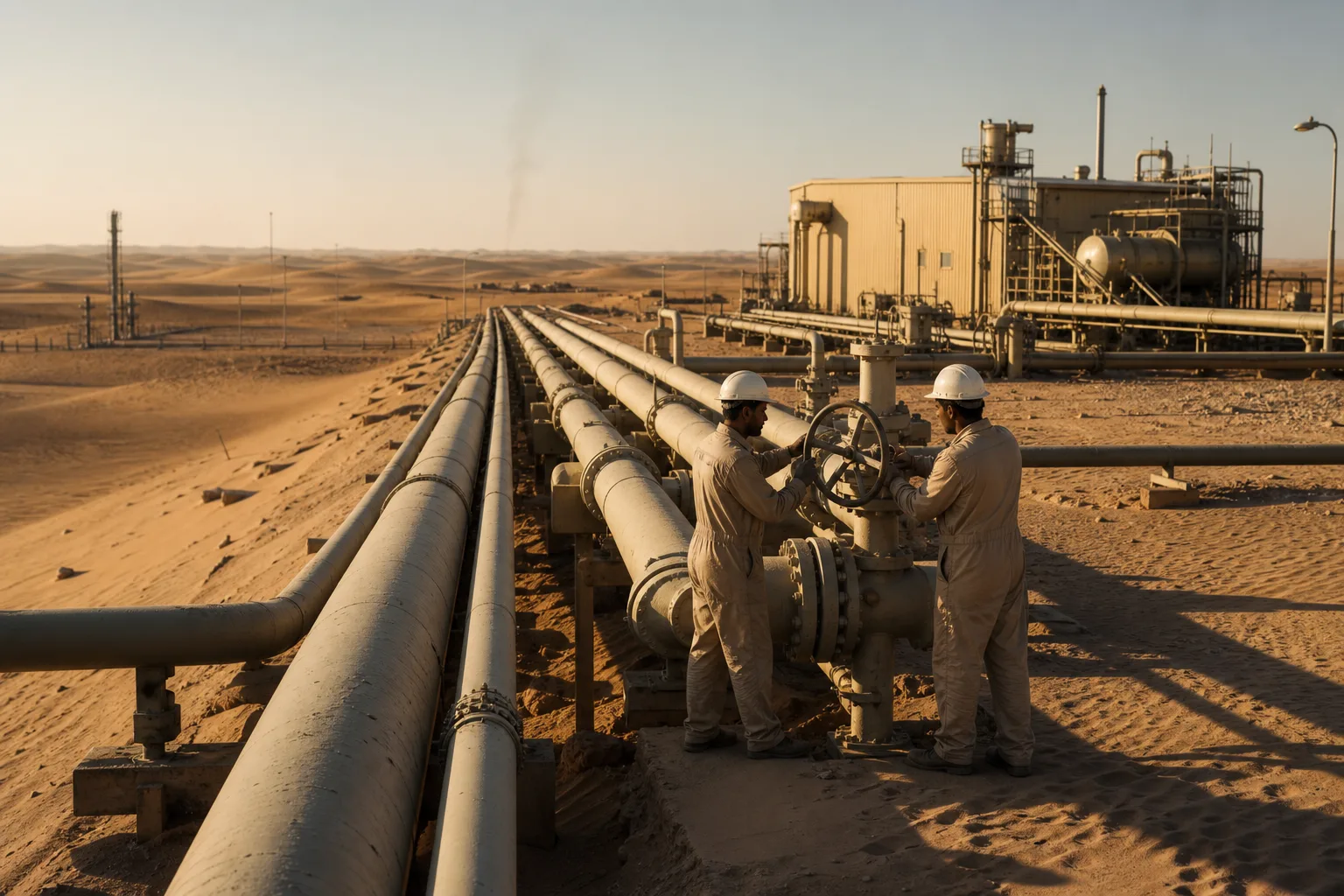 Two technicians at a desert crude-pipeline pump station in late-afternoon heat, long shadows on parallel pipes