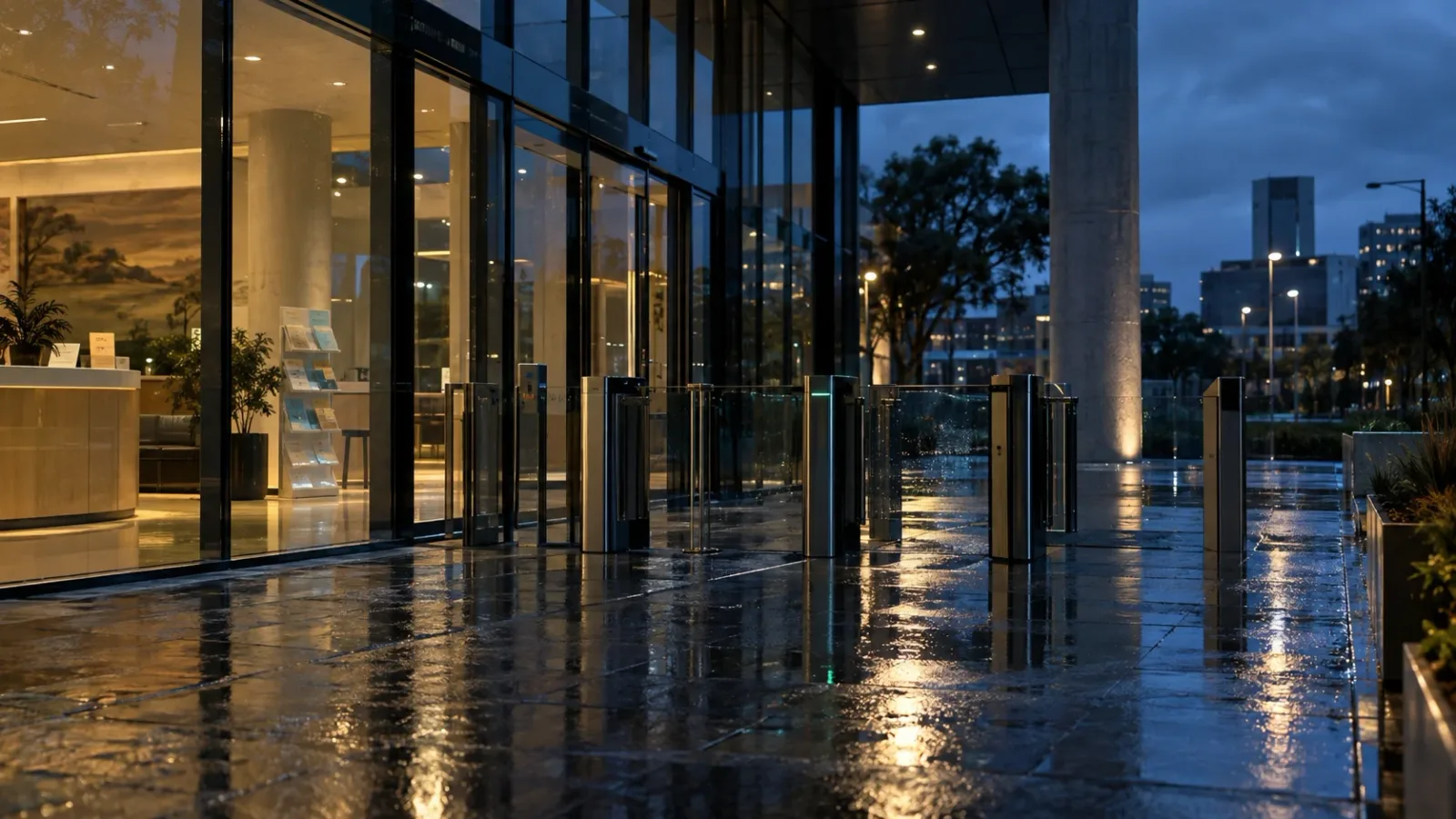 Rain-wet entry gates outside a modern government-service building at blue hour