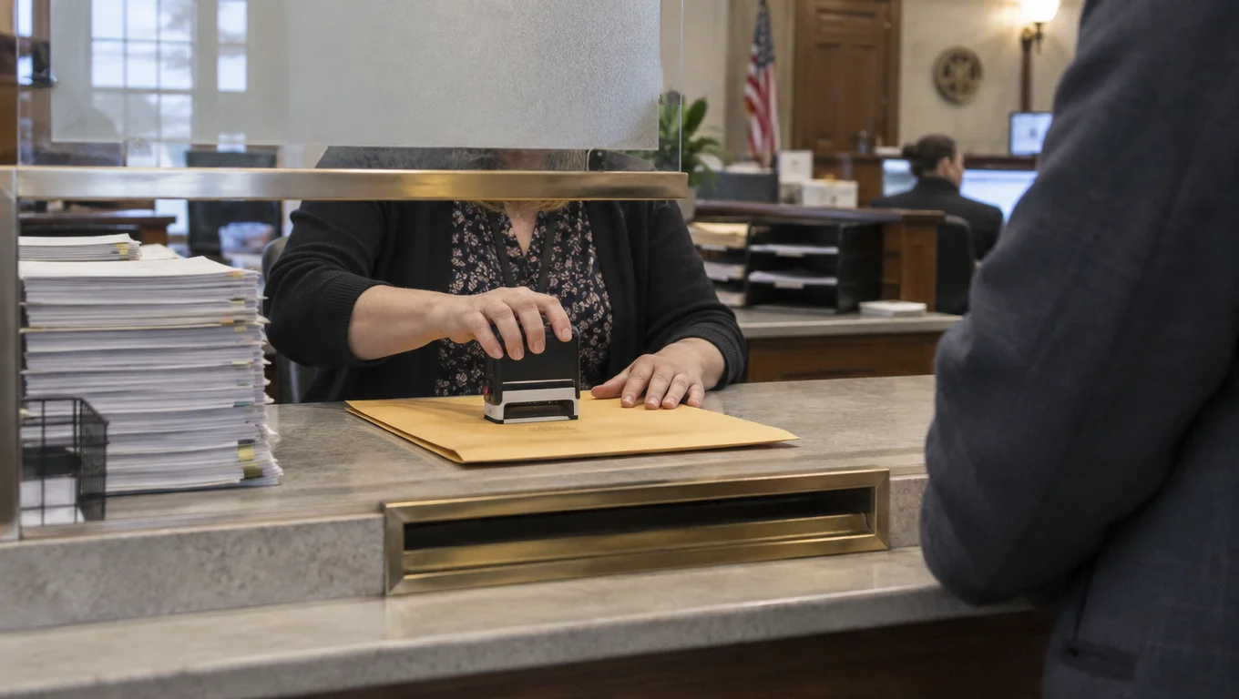 Clerk stamping a civil filing envelope at a courthouse records counter