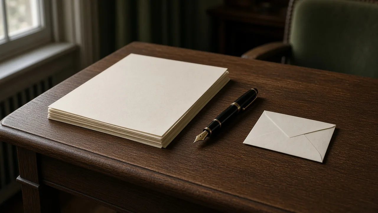 Sealed filing and pen on a judge's chambers desk in soft window light