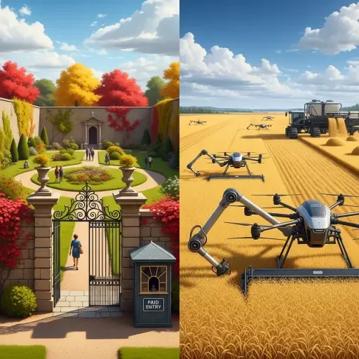 A split-screen illustration: on the left, a walled garden with a paid entry gate; on the right, an open field being harvested by drones
