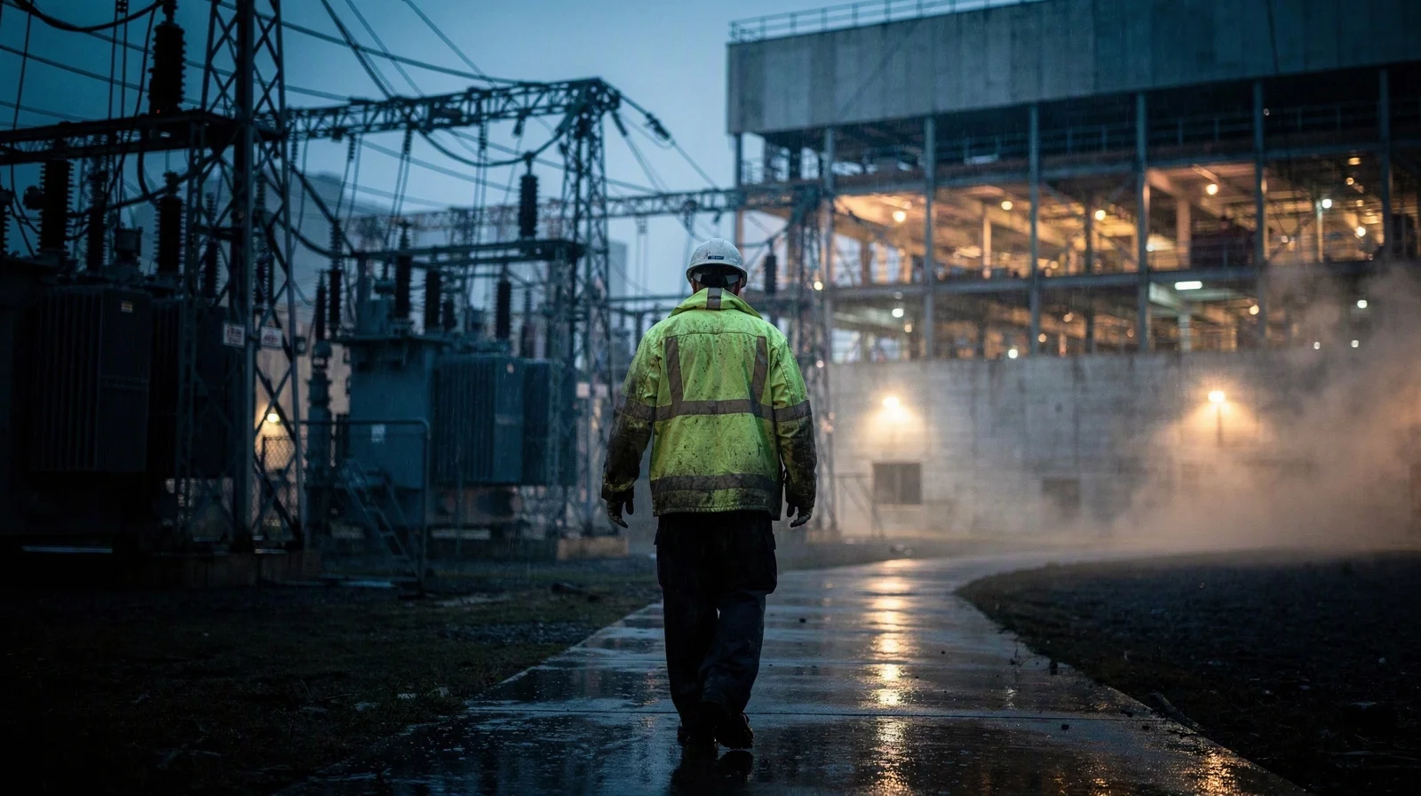 A construction worker in a reflective jacket walks through an energized cloud-campus utility yard at blue hour, vapor and wet pavement catching amber light, no logos or text