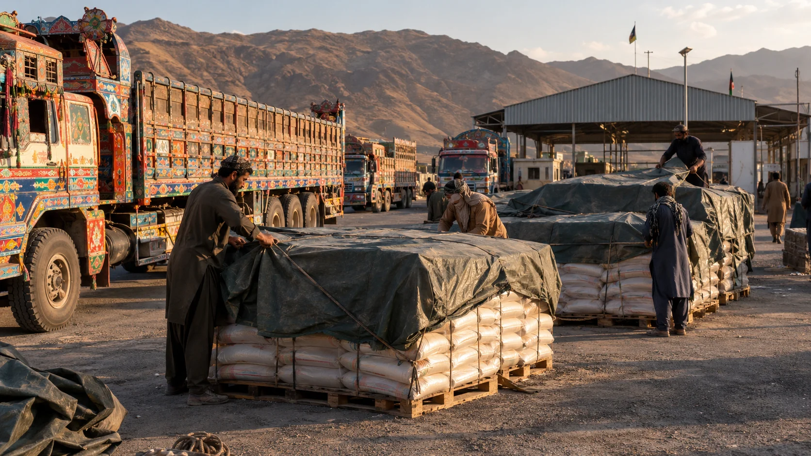 Afternoon at a western border truck yard as workers tarp palletized food sacks beside colorfully painted lorries, bare mountains and a customs shed in the background